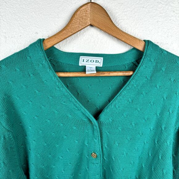 Vintage Izod Sweater Sz Large Green Cotton V Neck Button Up Cardigan Cable Knit - Picture 2 of 5